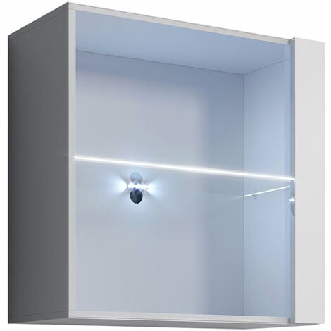 Vitrina colgante con LED  Armario  Mueble de Salón  Vitrina de pared  1 puerta  60x60x30cm  Modelo Aitana Q1L  Blanco Acabado en Brillo