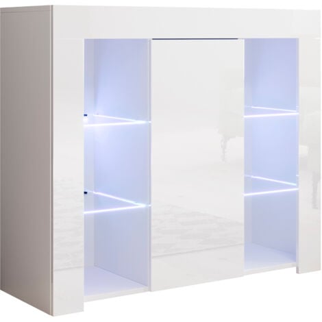 Aparador de salon 2 puertas con baldas de cristal  Aparador de cocina  Mueble de salon  Recibidor  Blanco brillo  94x83x35cm  Modelo Lilian