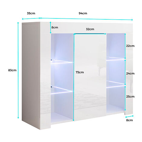 Aparador de salon 2 puertas con baldas de cristal  Aparador de cocina  Mueble de salon  Recibidor  Blanco brillo  94x83x35cm  Modelo Lilian