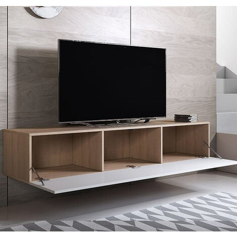 Mueble TV Colgante  Mueble de televisión  Mueble de Salón  1 puerta  160x30x40cm  Modelo Luke H2  Sonoma mate y Blanco brillo