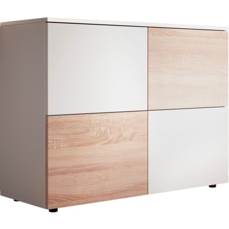 Aparador de salon 4 puertas  Aparador de cocina  Mueble de salon  Recibidor  90x68x34cm  Modelo Zoel  Blanco mate con Sonoma mate