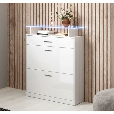 Recibidor  Zapatero  Mueble de Entrada  Mesa de Entrada  Consola  Con luces LED  Modelo Paola  Blanco Brillo