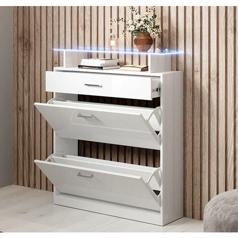Recibidor  Zapatero  Mueble de Entrada  Mesa de Entrada  Consola  Con luces LED  Modelo Paola  Blanco Brillo