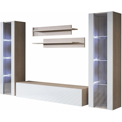 Mueble de salón con LED Composición de salón TV Mueble TV Conjunto de Salón Ancho 260cm Modelo Luke 8E Sonoma Mate y Blanco Acabado brillo (1/3)