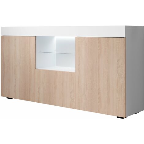 Aparador de salon con LED Aparador de cocina Mueble de salon Recibidor 135x73x34cm Modelo Sefora Blanco mate y Sonoma