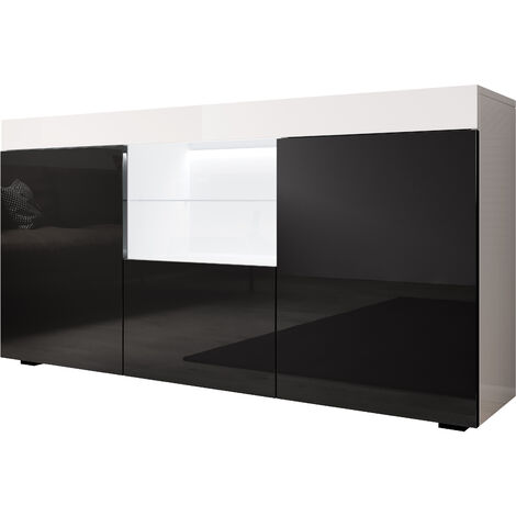 Aparador de salon con LED  Aparador de cocina  Mueble de salon  Recibidor  135x73x34cm  Modelo Sefora  Blanco y Negro brillo