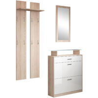Recibidor con Espejo y Perchero Zapatero Mueble de Entrada Mesa de Entrada Consola Luces LED Modelo Paola Sonoma Mate y Blanco Brillo