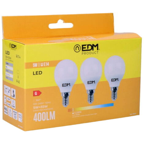 Kit 3 bombillas esfericas led e14 5w 400lm 3200k luz calida ø4,5x8cm edm