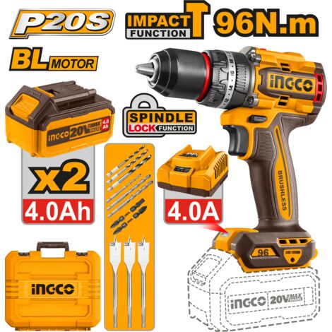 Ingco Taladro percutor Brushless 20V 96nm 2 baterías 4 ah + cargador + maletin
