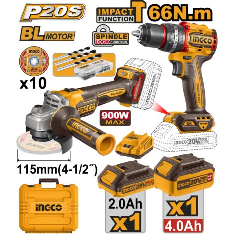 INGCO PACK 20 V. AMOLADORA 115 900W +TALADRO+CARGADOR +1BATERIA 2.0AH +1BATERIA 4.0AH+10 DISCOS+KIT BROCAS