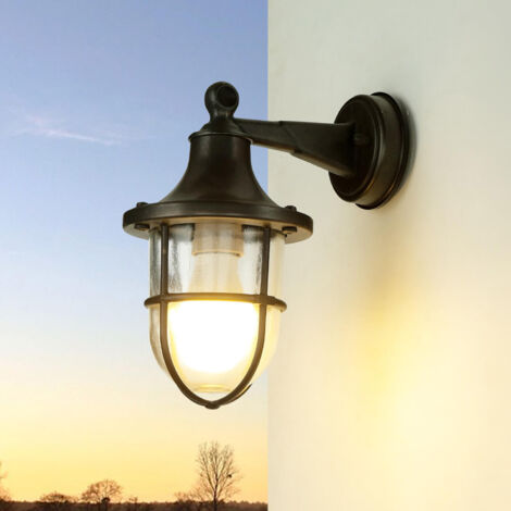Wandleuchte außen E27 IP64 Schwarz antik Glas Messing massiv Maritim Außenleuchte