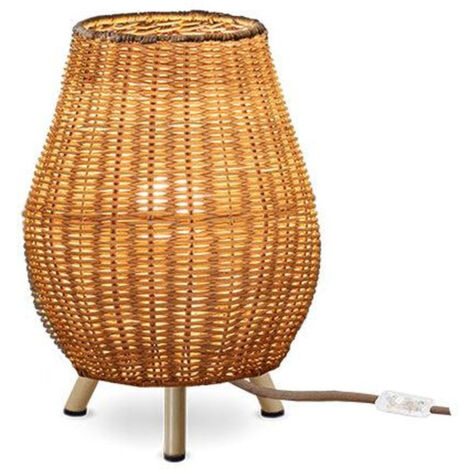 Tischleuchte Rattan Ø 22,5 cm H: 32,5 cm Dreibein Natur E27 Kabel Schalter Modern Nachttischlampe Beistelllampe (1/5)