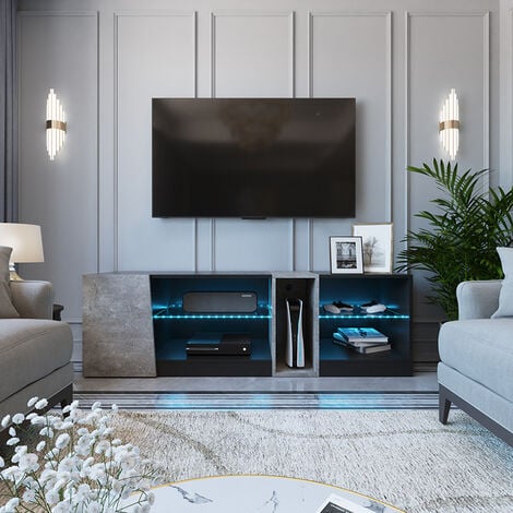Meuble TV LED avec 5 compartiments ouverts 1 porte pourTV de 22" à 60" L140 x H45 x P37.5 cm noir et gris Mondeer