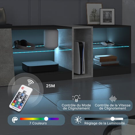 Meuble TV LED avec 5 compartiments ouverts 1 porte pourTV de 22" à 60" L140 x H45 x P37.5 cm noir et gris Mondeer