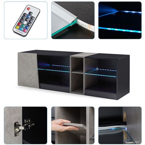 Meuble TV LED avec 5 compartiments ouverts 1 porte pourTV de 22" à 60" L140 x H45 x P37.5 cm noir et gris Mondeer