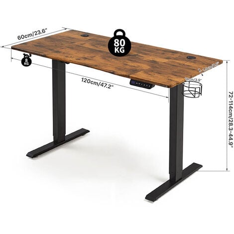 Bureau assis debout Électrique de 120 x 60 cm bureau réglable en hauteur avec 3 réglages de mémoire en hauteur Vintage Marron Mondeer