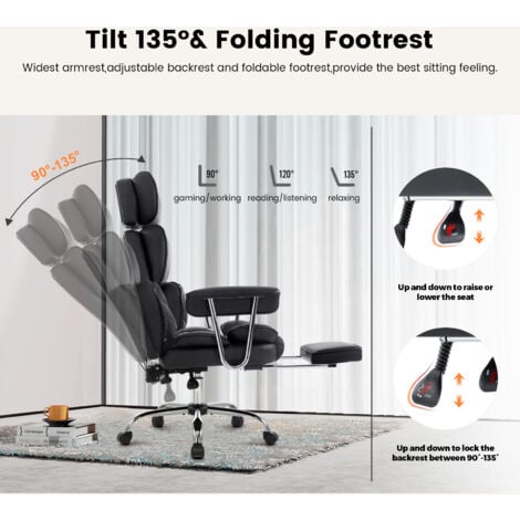 IWMH Chaise de Bureau en Cuir à Dossier Grand avec Coussin Lombaire, Chaise de Direction avec Repose-Pieds Extensible et Accoudoirs Prolongés, Fauteuil Ergonomique avec Appui-tête Réglable en Hauteur 