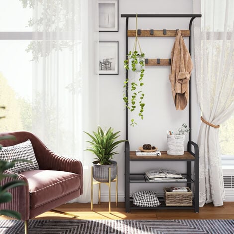 Mondeer Vestiaire d’Entrée, Porte-Manteaux, avec Banc et Étagère à Chaussures, ‎72x34x182 cm, 9 Crochets Amovibles, Style Industriel, Marron Rustique et Noir