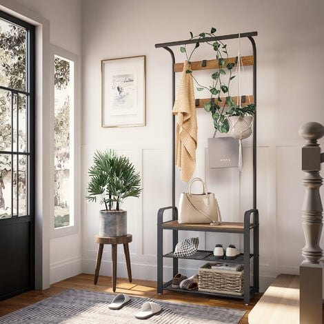Mondeer Vestiaire d’Entrée, Porte-Manteaux, avec Banc et Étagère à Chaussures, ‎72x34x182 cm, 9 Crochets Amovibles, Style Industriel, Marron Rustique et Noir