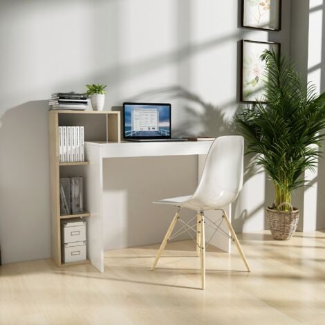 Bureau droit bureau informatique table de travail, avec étagères etagère de rangement en Bois Naturel Mondeer