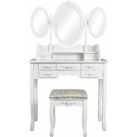 Coiffeuse -Tabouret-Blanche-Mirroir-Bois-Femme Table de Maquillage en MDF avec 7 Tiroirs et 3 Miroirs Ovale Tournable - Meerveil
