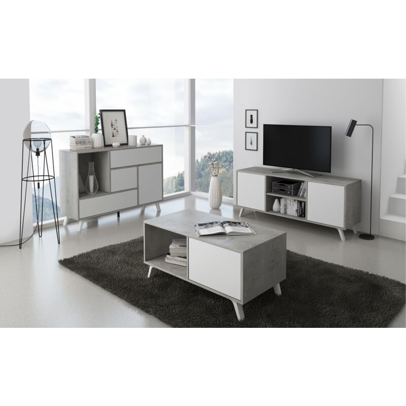 Buffet Salle à Manger Wind - 120x40x86cm - Bois Mélamine Blanc/Chêne - 1 Porte + 3 Tiroirs - Skraut Home