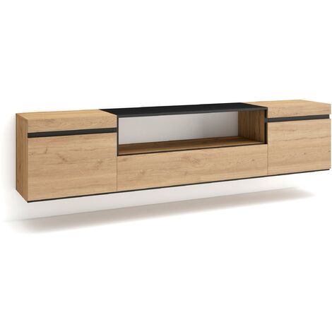Skraut Home – Meuble TV suspendu mural – Grand espace de rangement 200x35x45cm – Pour TV jusqu'à 80" – Chêne et noir, style moderne (1/5)