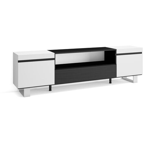 Skraut Home - Meuble TV, Banc Télé, Grand espace de Rangement, 200x57x35cm, Pour les TV jusqu'à 80", Design industriel, Style moderne, Blanc et noir (1/5)