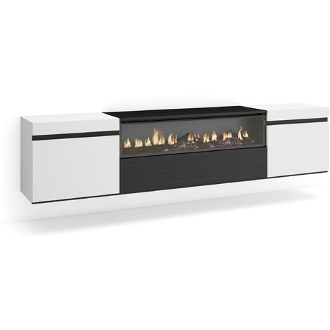 Skraut Home – Meuble TV suspendu mural 102x45x35cm – Cheminée électrique LED 3D – Pour TV jusqu'à 80' – Rangement optimisé blanc et noir