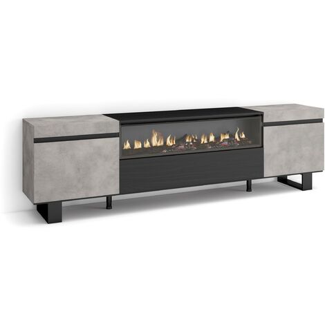 Skraut Home – Meuble TV avec cheminée électrique – Grand rangement 200x57x35cm – Pour TV jusqu'à 80' – Design industriel gris ciment (1/5)