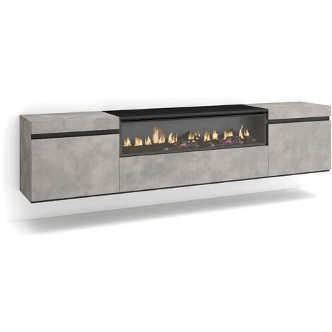 Skraut Home – Meuble TV suspendu mural 102x45x35cm – Cheminée électrique à LED – Pour TV jusqu'à 80' – Ciment mat et noir – 3 niveaux d'intensité (1/5)