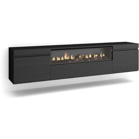 Skraut Home – Meuble TV suspendu noir avec cheminée électrique – Grand rangement 102x45x35cm – Pour TV jusqu'à 80' – Design moderne élégant
