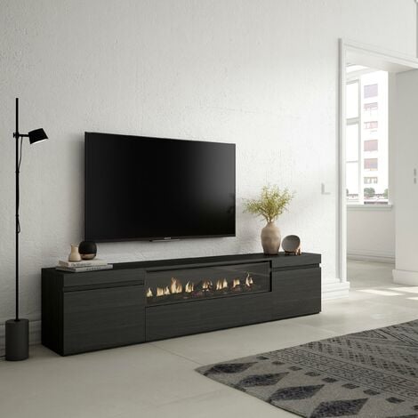 Skraut Home - Meuble TV, Banc Télé, Grand espace de Rangement, 200x45x35cm, Pour les TV jusqu'à 80", Cheminée électrique, Style moderne, Noir