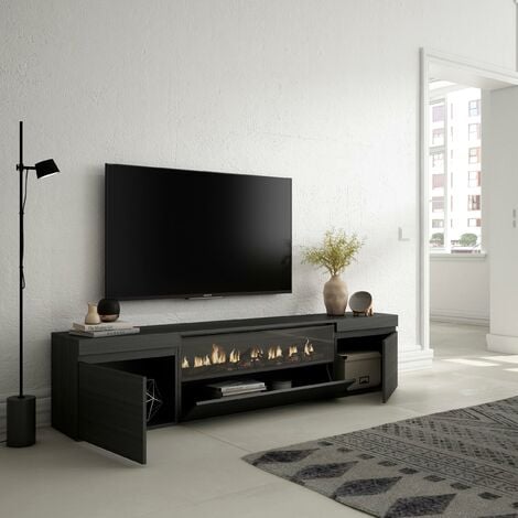 Skraut Home - Meuble TV, Banc Télé, Grand espace de Rangement, 200x45x35cm, Pour les TV jusqu'à 80", Cheminée électrique, Style moderne, Noir