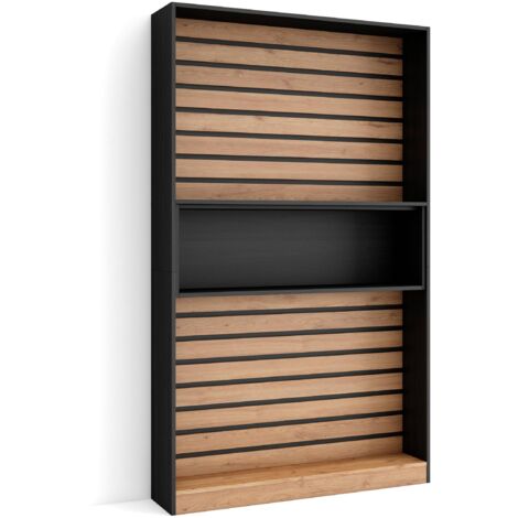 Skraut Home – Étagère bibliothèque 110x186x25cm – Chêne et noir – Panneaux à lattes en bois – Style moderne pour salon et bureau (1/5)