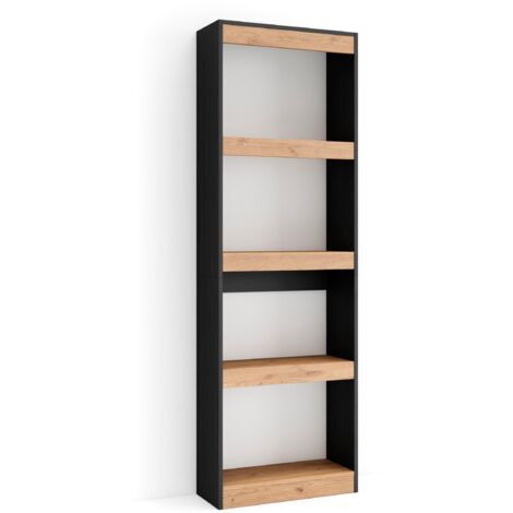 Skraut Home – Étagère bibliothèque moderne 60x25x186cm – 4 tablettes – Chêne et noir – Rangement pour salon et bureau