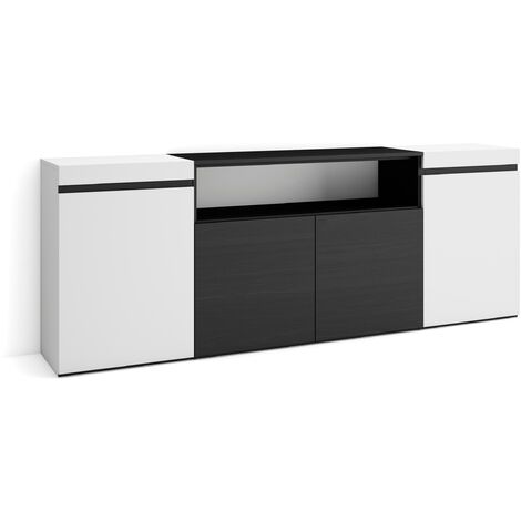 Skraut Home – Buffet moderne 200x75x35cm – 4 portes – Meuble de rangement blanc et noir – Module central avec veinage bois – Pour salon et cuisine (1/5)