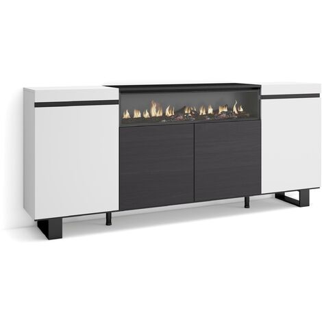 Skraut Home – Buffet salon et cuisine – Meuble de rangement 200x35x87cm – 4 portes – Cheminée électrique à LED – Design industriel noir et blanc (1/5)