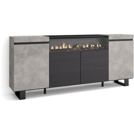Skraut Home – Buffet salon et cuisine 200x87x35cm – 4 portes – Cheminée électrique à LED – Design industriel gris ciment – Rangement optimisé (1/5)