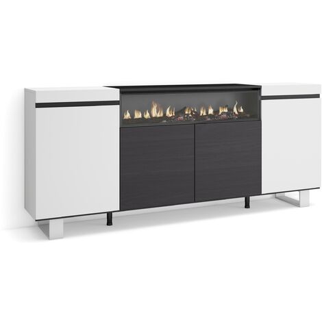 Skraut Home – Buffet salon et cuisine 200x35x87cm – 4 portes – Cheminée électrique LED – Design industriel noir et blanc – Rangement optimisé (1/5)