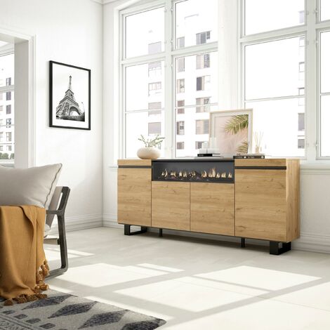 Skraut Home - Buffet salon et cuisine, Meuble de Rangement, Commode, 200x87x35cm, 4 Portes, Cheminée électrique, Design industriel, Style moderne, Chêne et noir