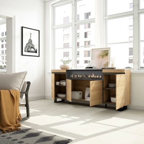 Skraut Home - Buffet salon et cuisine, Meuble de Rangement, Commode, 200x87x35cm, 4 Portes, Cheminée électrique, Design industriel, Style moderne, Chêne et noir