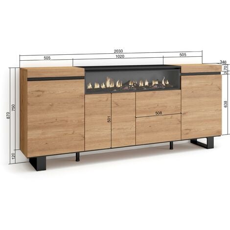 Skraut Home - Buffet salon et cuisine, Meuble de Rangement, Commode, 200x87x35cm, 4 Portes, Cheminée électrique, Design industriel, Style moderne, Chêne et noir