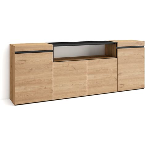 Skraut Home – Buffet moderne chêne et noir 200x75x35cm – 4 portes – Meuble de rangement pour salon et cuisine – Module central avec grande capacité