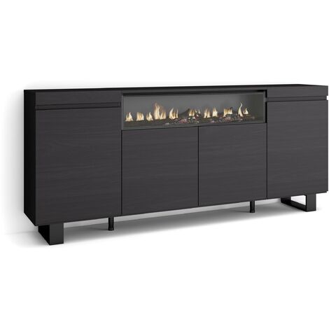 Skraut Home – Buffet de rangement 200x87x35cm – 4 portes – Cheminée électrique LED 102cm – Design industriel noir – Installation murale ou sur meuble (1/5)