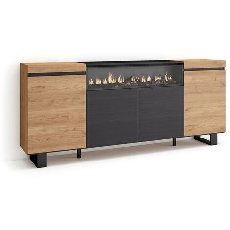Skraut Home – Buffet salon et cuisine 200x87x35cm – 4 portes – Cheminée électrique avec télécommande – Design industriel noir et chêne (1/5)