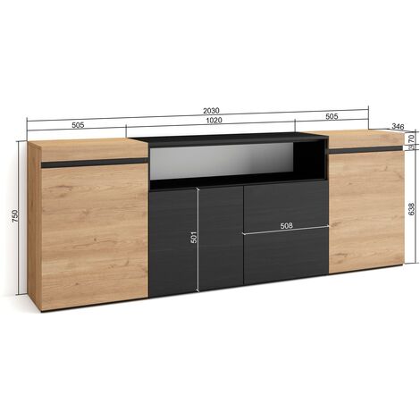 Buffet Salon Skraut Home 200x75x35cm - 4 Portes Style Chêne/Noir, Rangement Moderne