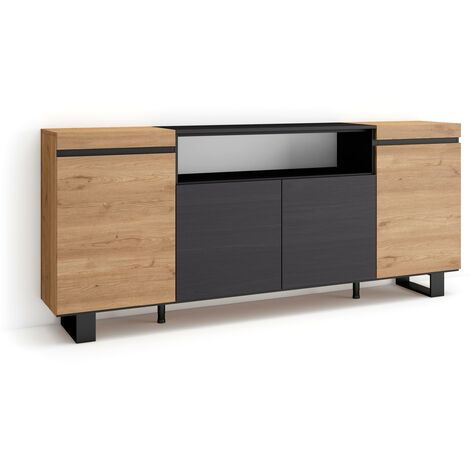 Skraut Home – Buffet salon et cuisine 200x35x87cm – 4 portes – Rangement design industriel chêne et noir – Pieds métal (1/5)