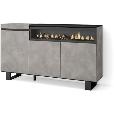 Skraut Home – Buffet de rangement avec cheminée électrique – Dimensions 150x87x35cm – 3 portes – Design industriel gris ciment (1/5)