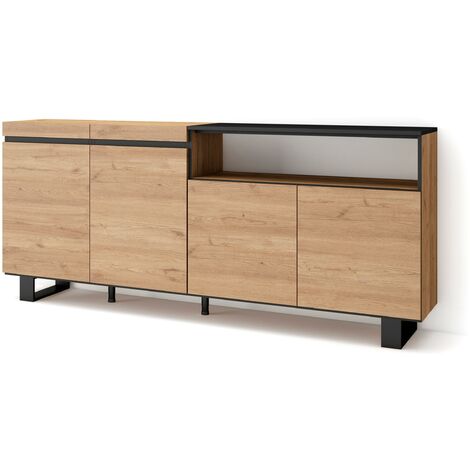 Skraut Home – Buffet salon et cuisine 200x35x87cm – 4 portes – Rangement chêne et noir – Design industriel moderne – Pieds en métal (1/5)